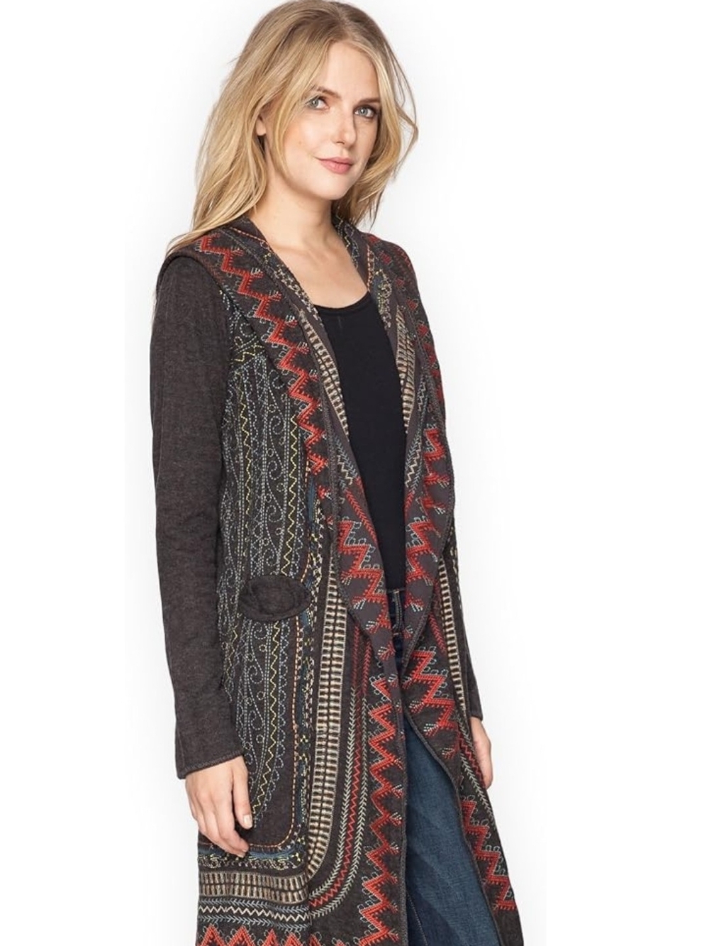BIYA By Johnny Was Long Hooded Open-Front Cardigan in Charcoal with Red Accents